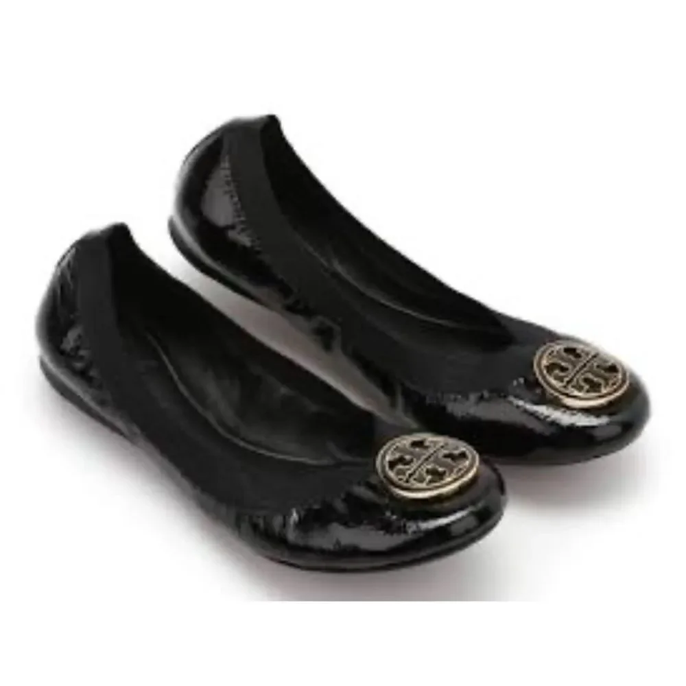 Tory Burch Caroline Naplak  Elastic Leather Slip On Ballet Flats in Black 9.5
